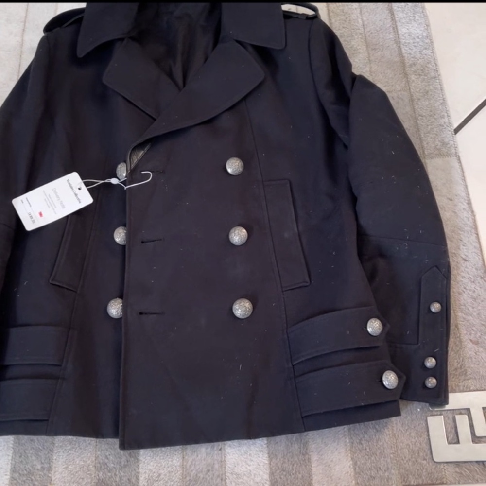 Balmain Slim fit cotton garbadine leather pea coat